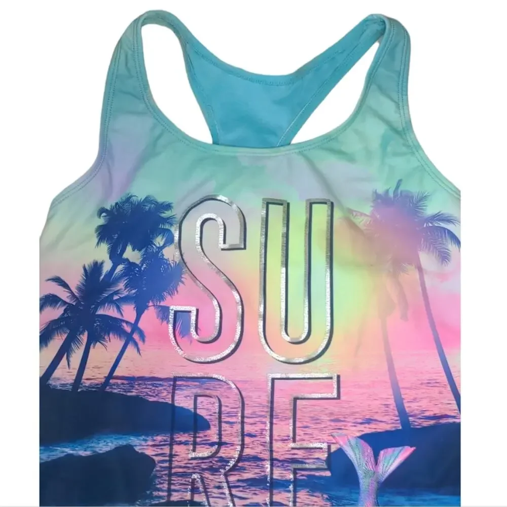 JUSTICE 16 PLUS Surf Teal Beach One Piece Swimsuit Palm Trees Girls Plus
